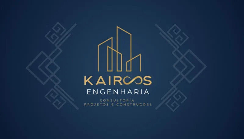 Logotipo da Kairos Engenharia: silhueta dourada de edifícios sobre fundo azul-marinho com grafismo geométrico