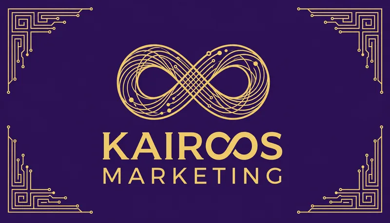 Logotipo da Kairos Marketing: símbolo de infinito dourado com ornamentos nos cantos sobre fundo roxo