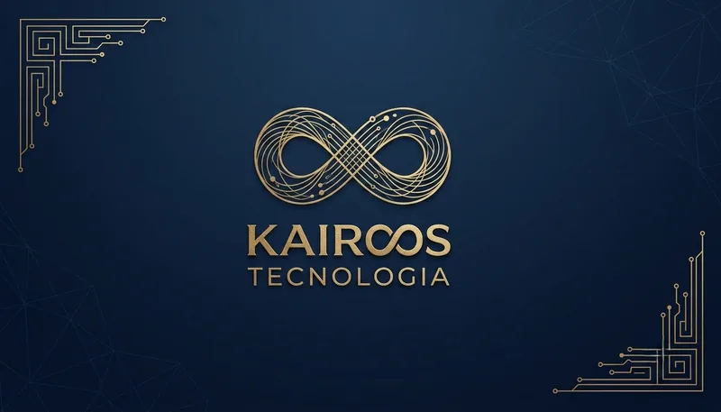 Logotipo da Kairos Tecnologia: símbolo de infinito dourado com traços de circuito sobre fundo azul-marinho