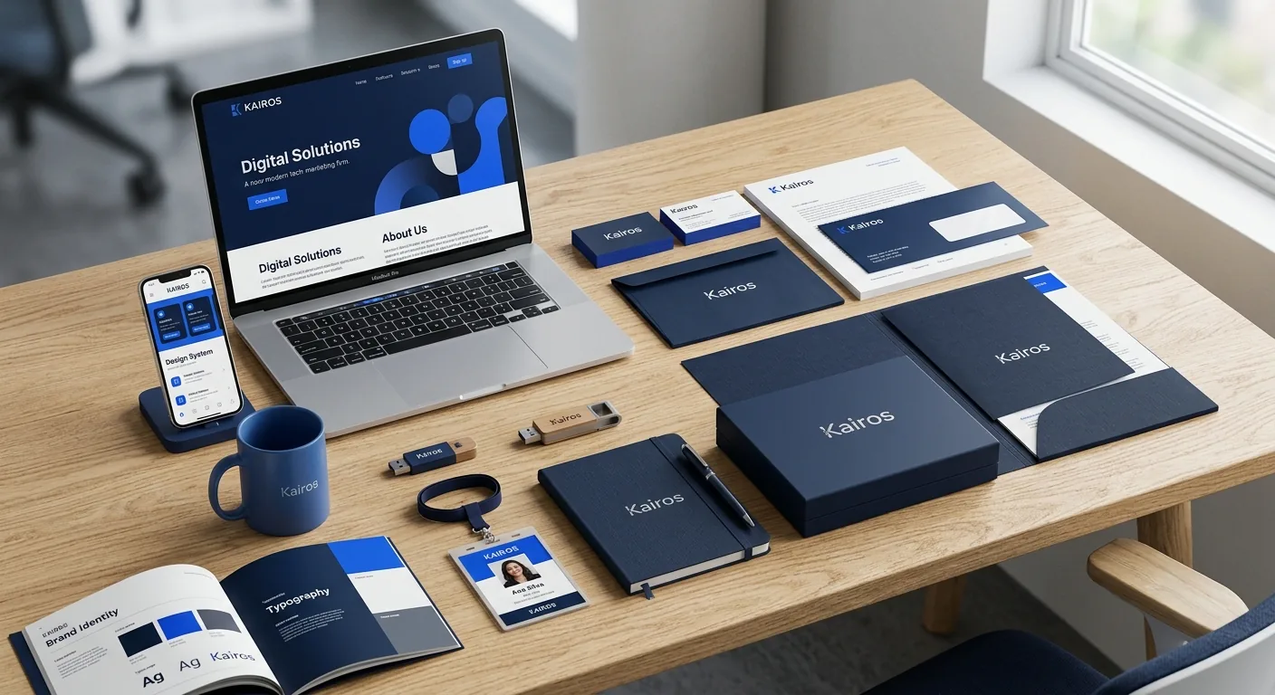 Mesa de trabalho com notebook, celular, cadernos, caneca e crachá aplicados com a identidade visual azul-marinho da marca