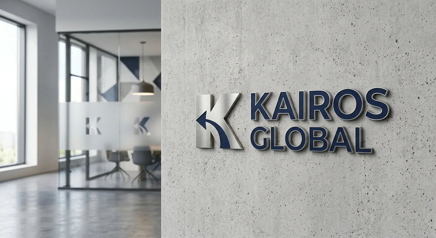 Logotipo em letras metálicas com relevo aplicado sobre parede de concreto na recepção de um escritório