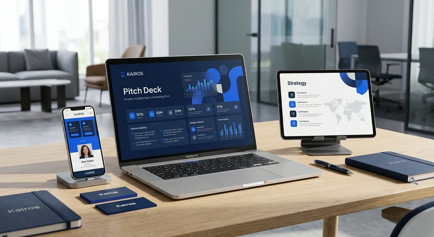 Pitch deck aberto simultaneamente em notebook, tablet e celular sobre mesa de reunião